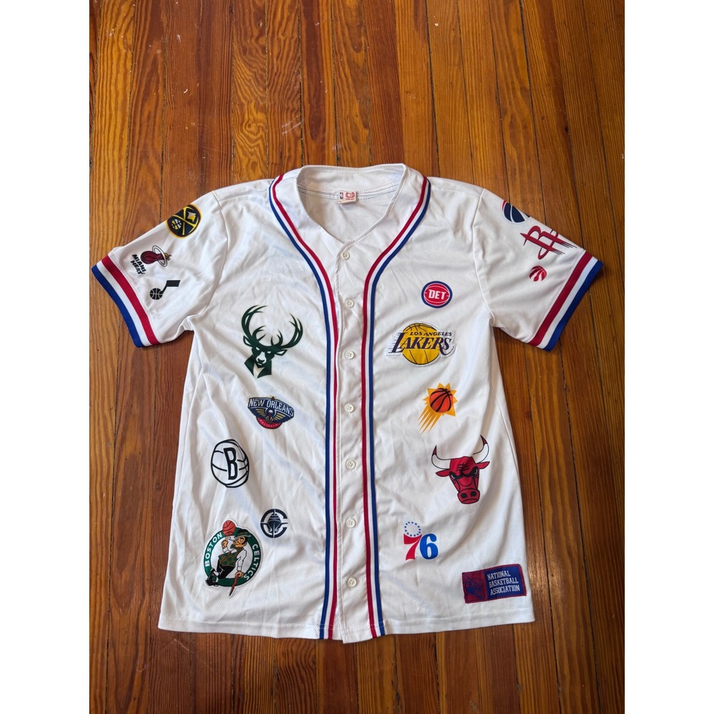 Ultra Game NBA All Over Logo Baseball Jersey White Mens Large Button Down